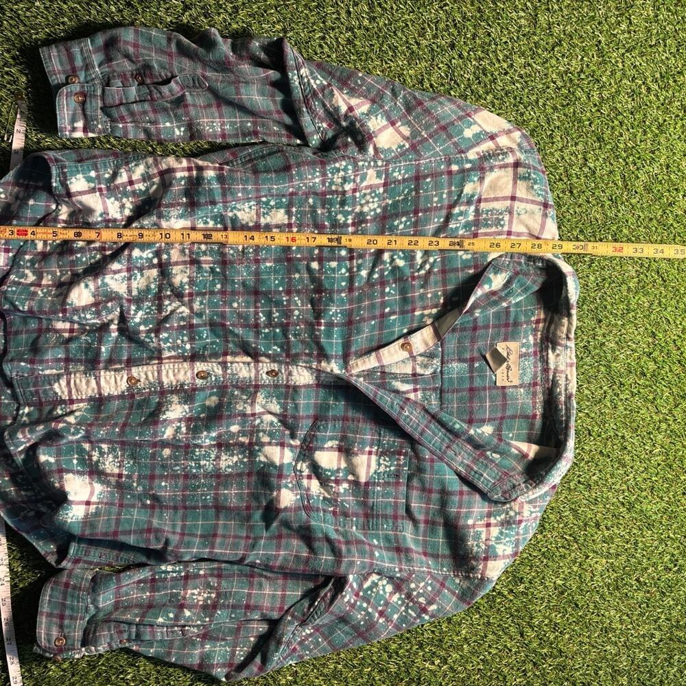 Vintage Eddie Bauer Bleached Flannel Shirt Teal Plaid Mens L